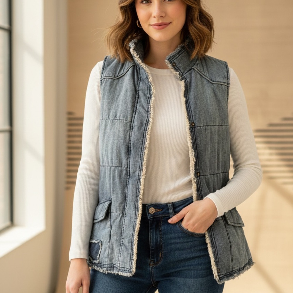 Boho Western BKE Denim Vest Frayed Edge & Utility Pockets XS patch cowgirl